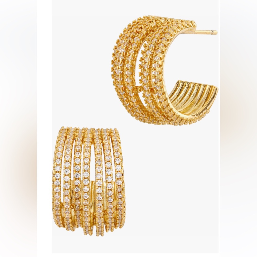 18k Plated Gold Pave CZ Multi-Row wide Hoop Earrings